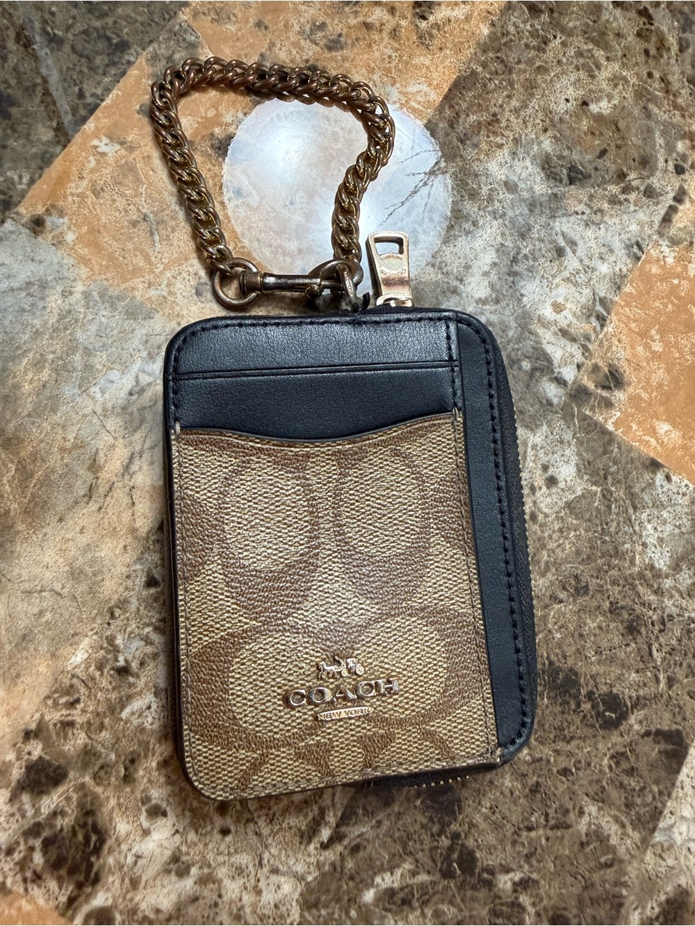 Coach Brown Signature Canvas and Black Leather Card Holder with Gold Chain